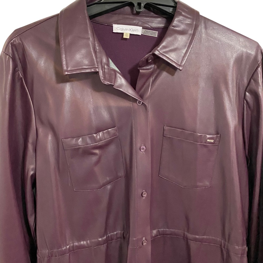 Edgy Calvin Klein Faux Leather Shirt Jacket Womens XL Purple Cinched Waist - Picture 3 of 6